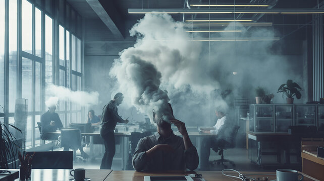 A professional sits amidst a misty office backdrop, their expression weary and burdened, portraying the sensation of feeling lost in a haze of overwork-induced brain fog. 