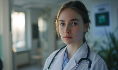 A young woman with a solemn expression, wearing a white doctor's coat and a stethoscope around her neck. She is standing in a hospital corridor that appears calm, with soft natural light.