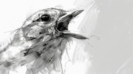   A monochromatic illustration portrays a bird with its beak agape and mouth significantly opened - obrazy, fototapety, plakaty