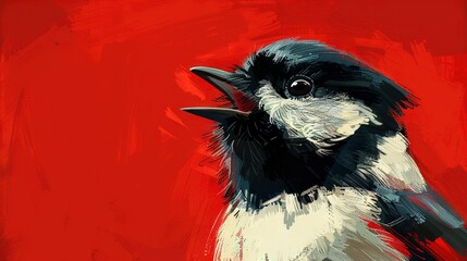 Obraz premium A monochromatic depiction of a bird perched atop a crimson canvas with another monochrome avian seated on its head