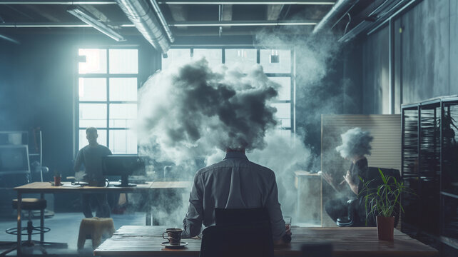 Illustration of an office worker with a smoky aura above the head, symbolizing overwork-induced brain fog