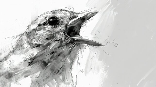   A monochromatic illustration portrays a bird with its beak agape and mouth significantly opened