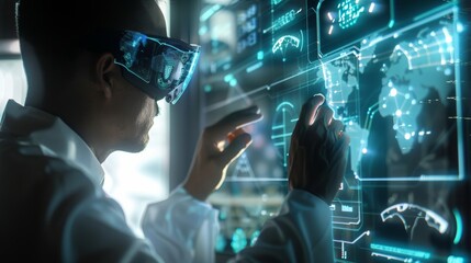 Digital Defender Cybersecurity Expert Monitoring Threats on Holographic Interface Data Security Technology Internet Protection Concept