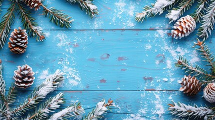 Winter Christmas background featuring fir branches pine cones and snow on a blue wooden surface