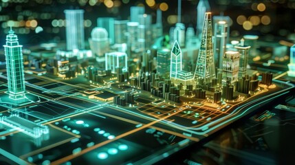 Obraz premium Future City Immersive Holographic Urban Planning Interface with 3D Models