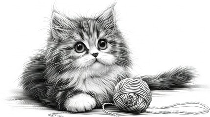   A black-and-white illustration of a kitten alongside a yarn ball on the floor