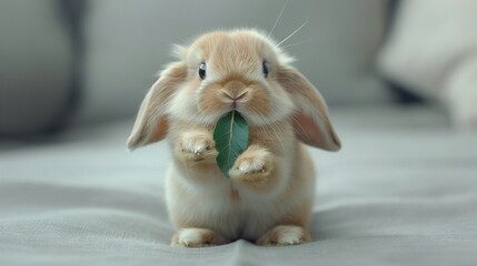   A tiny bunny clutching a verdant foliage between its fangs and perched atop its hind legs on a couch