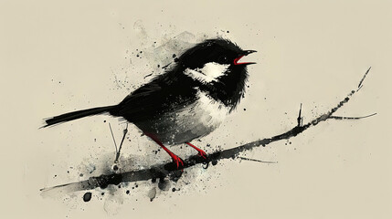 Obraz premium A black-and-white bird perches on a branch, adorned with watercolor splatters on its wings