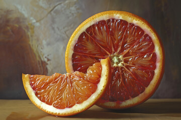 Close-up of half a blood orange with a small slice in front of it - obrazy, fototapety, plakaty