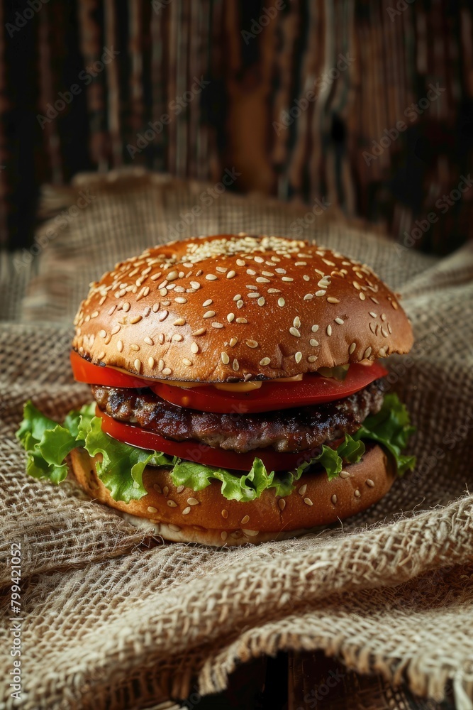 Wall mural burger on the background of burlap. selective focus - Wall murals