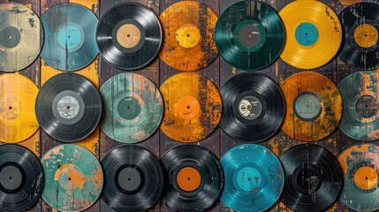 Retro Vinyl Record Wallpaper: Sunlit Sheen in Harvest Gold, Almond, and Seafoam Green