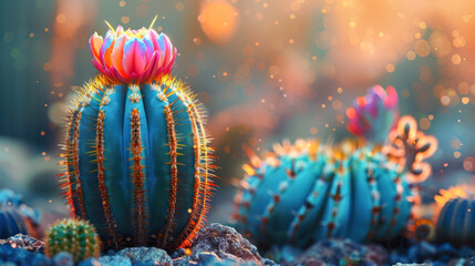 A variety of vibrant cactus plants, including prickly pears and barrel cacti, dot a vast field - Powered by Adobe