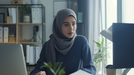 Productive Remote Working: Woman in Hijab Managing Multiple Tasks on Laptop in Well-Organized Home Setting