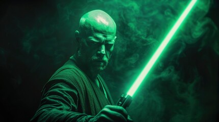 Fototapeta premium Person holding a lightsaber, invoking a sci-fi fantasy theme.