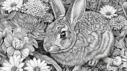   Rabbit in Daisy Field - Monochrome Drawing