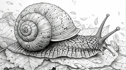   A black-and-white illustration depicts a snail moving across a green leaf while droplets glisten on its surface
