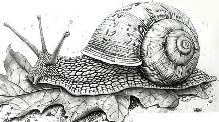   A black-and-white illustration depicts a snail adorning its hat atop a leaf