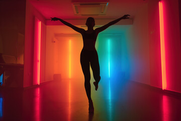 Silhouette of a graceful dancer against a backdrop of vibrant neon lights in a dance hall