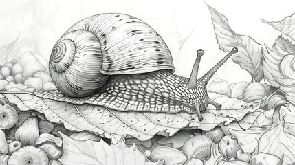  A Snail sits on Leaf Amidst Field of Flowers & Leaves