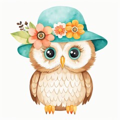 Floral Baby Owl Nursery Generative AI Illustration 