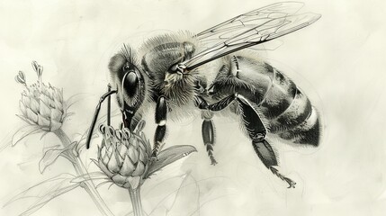   A drawing of a bee on top of a flower next to a bee on a white sheet of paper
