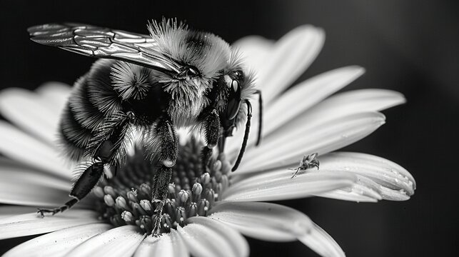   A monochrome image depicts a bumblebee perched on a blossom, adorned with dewdrops