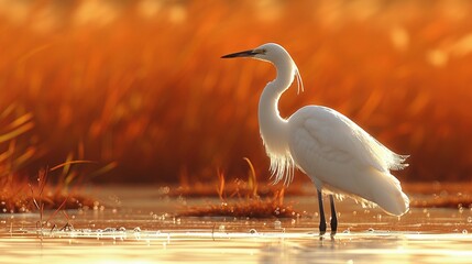 Obraz premium A white egret perched in a watery expanse surrounded by lush green foliage, beneath an azure sky