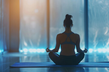 Woman meditating in a tranquil blue-lit studio, embodying peace and mindfulness in her practice