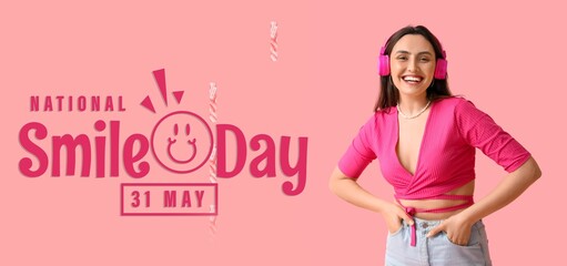 Banner for National Smile Day with happy woman in headphones