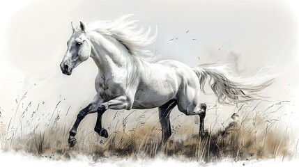   A White Horse Galloping Through Tall Grass - Artwork featuring a majestic white horse sprinting across a vast field of towering grass blades, while feathered birds so