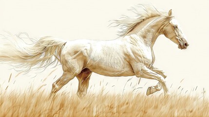 Obraz na płótnie Canvas A white horse gallops through a sea of tall blades, hair flying in the breeze