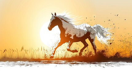   A horse gallops across a field as the sun sets behind distant mountains, casting long shadows on the grass below Birds soar gracefully above, silhouetted against the orange and