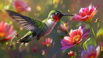  Hummingbird flying over colorful flower garden Pink & yellow flowers in foreground
