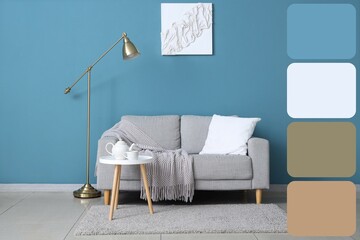 Stylish interior of living room with grey sofa, floor lamp and table. Different color samples