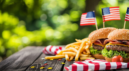 Delicious burgers and fries served at an outdoor picnic with American flags on July Fourth celebration