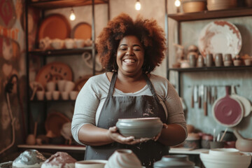 Joyful plus-sized potter showcasing her handmade ceramic bowls in a cozy artisan pottery studio
