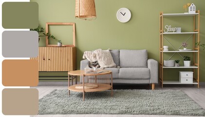 Interior of stylish living room with grey sofa, chest of drawers, shelving unit and table....