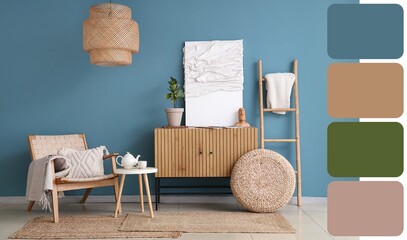 Stylish interior of living room with armchair, chest of drawers and table. Different color samples