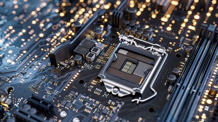 Fototapeta premium AI Revolution CloseUp of CuttingEdge Motherboard Chipsets Amidst Digital Data Streams SEO Technology Concept