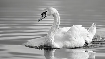   A monochrome image depicts a swan gliding atop a water body, with its head above the surface