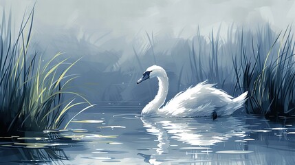   A white swan gliding atop a serene lake beside a verdant forest under overcast skies