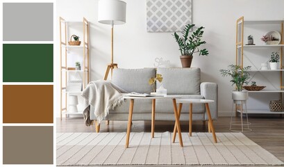 Interior of light living room with sofa, shelving units and table. Different color samples