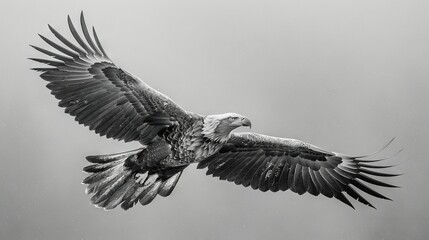 Fototapeta premium A stunning black-and-white image captures a majestic bird of prey soaring through the sky, its wings fully extended and spread wide