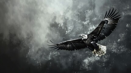  An eagle flying through a cloudy sky with its wings spread against a backdrop of black and white clouds