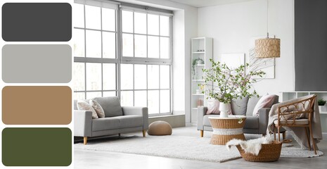 Cozy sofas and blooming branches in living room. Different color samples