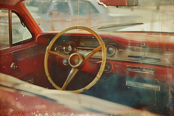 vintage car image. interior of the cockpit of a vintage american car. - obrazy, fototapety, plakaty