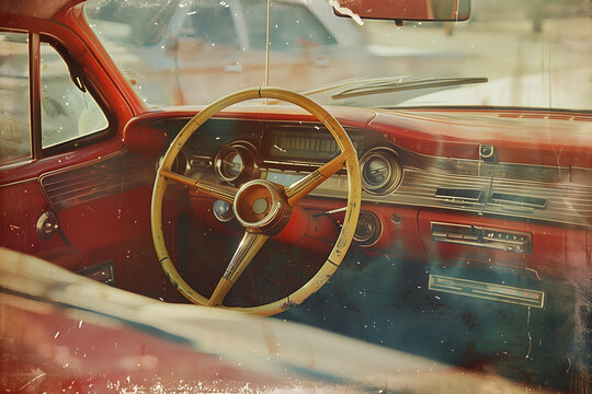 vintage car image. interior of the cockpit of a vintage american car.