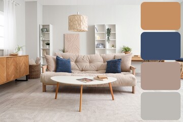 Beige sofa with table in light living room. Different color samples
