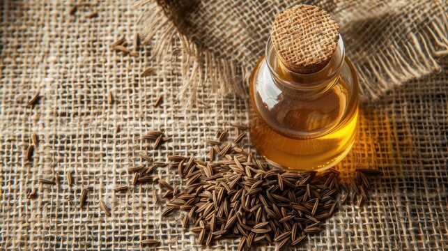 cumin essential oil on the background of burlap top view