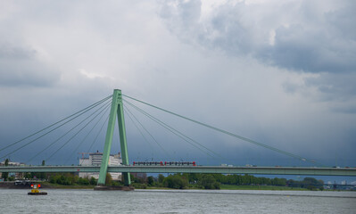 Severinsbrucke bridge with tram, travel background